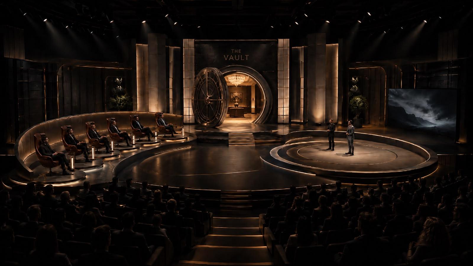 Escenario de The Vault con público, inversores y puerta de cámara acorazada
